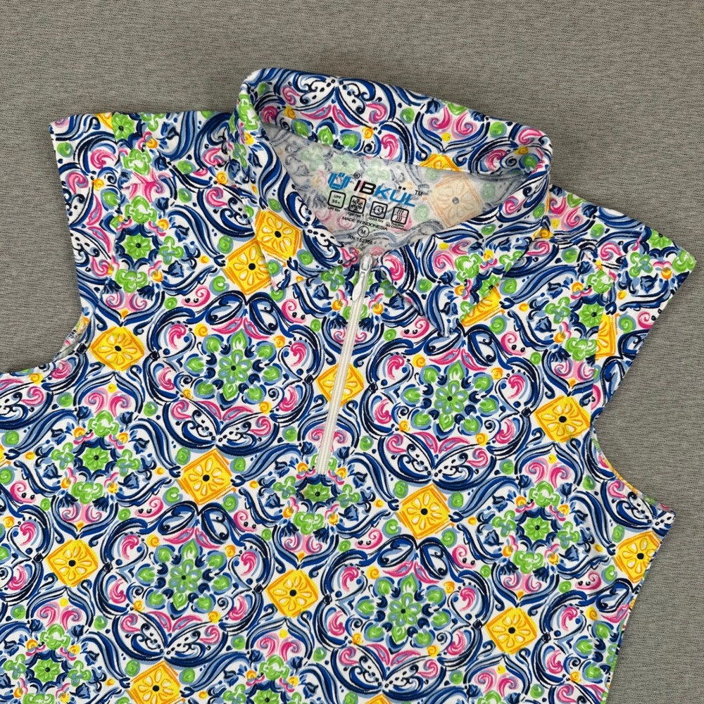 IBKUL Shirt Womens Blue Yellow Medallion AOP Sleeveless Quarter Zip Golf UFF 50